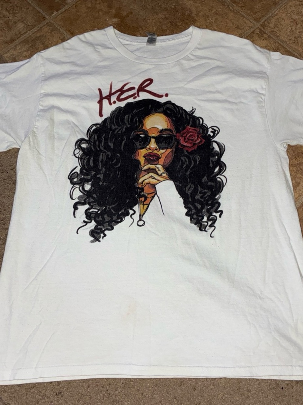Gildan White Tee Featuring Woman with Black Curly Hair and Red Rose